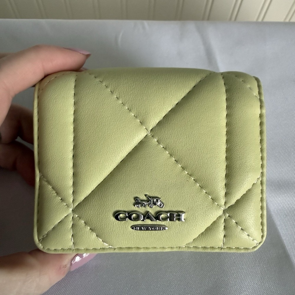 Coach Mini Wallet On A Chain With Puffy Diamond Quilting Light Lime Green Silver